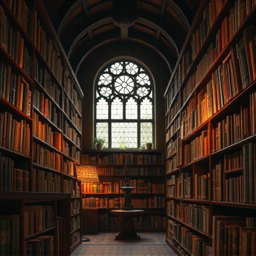Intérieur d'une bibliothèque ancienne avec des étagères remplies de livres anciens.
