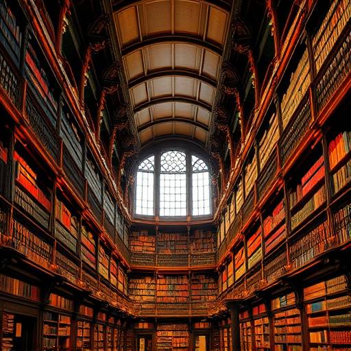 L'intérieur majestueux de la Bibliothèque Nationale de France, rempli d'étagères de livres anciens.