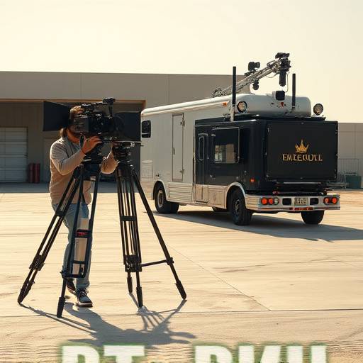 Un camion de production transportant du matériel de tournage sur un lieu de tournage.