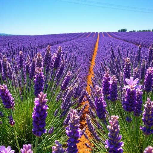 Un champ de lavande en pleine floraison sous le soleil de Provence, les couleurs vives et les parfums enivrants.
