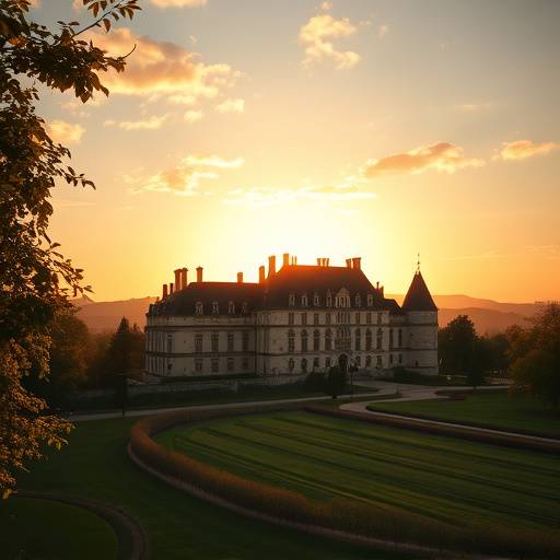 Un magnifique château de la Loire illuminé par le soleil couchant.