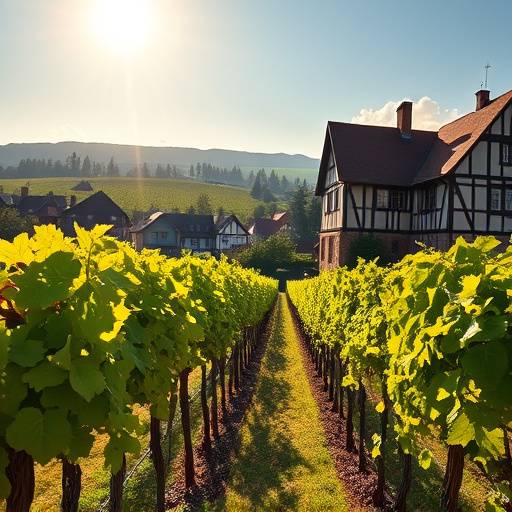Un vignoble alsacien baigné de soleil, avec des maisons à colombages typiques en arrière-plan.