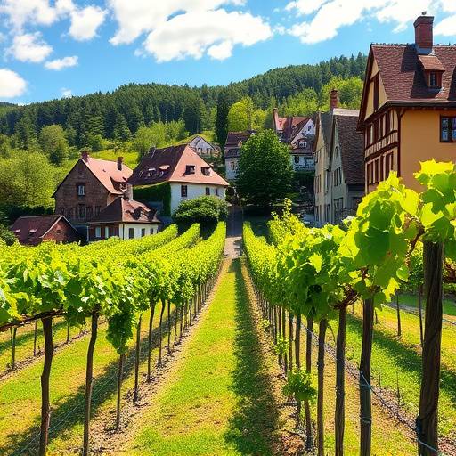 Un vignoble alsacien verdoyant avec des maisons colorées traditionnelles.