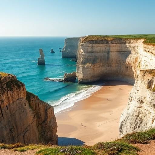 Une plage de Normandie avec des falaises imposantes et la mer bleu azur.