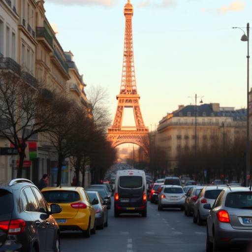 Une rue animée de Paris avec la Tour Eiffel en arrière-plan.