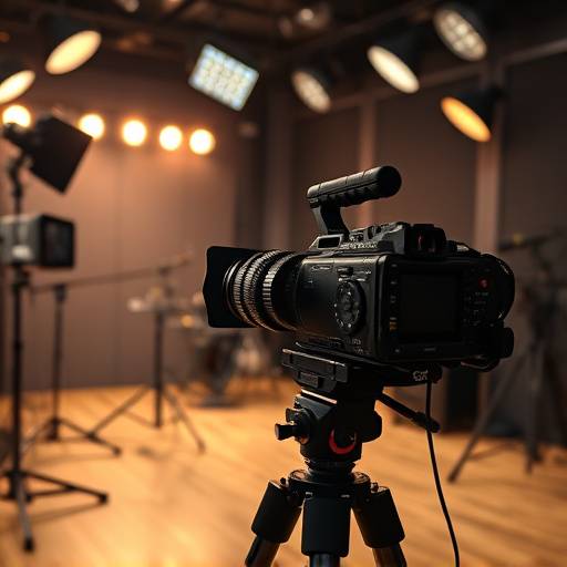 Une salle remplie de matériel audiovisuel professionnel, incluant des caméras, des lumières et des micros.