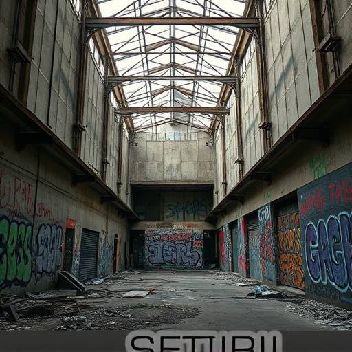 Une usine désaffectée avec des murs couverts de graffitis.