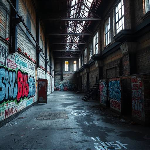 Une usine désaffectée à Lille, les murs couverts de graffitis et l'atmosphère sombre et industrielle.