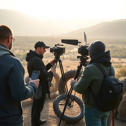 Une équipe de tournage explorant un lieu potentiel avec des caméras et des équipements.